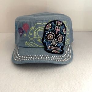 Rhinestone Castro Cap Black Sugar Skull Light Denim